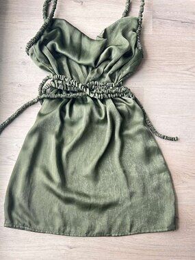 Olive Green Satin Mini Dress | Ruched Strappy Party Dress | Size 38